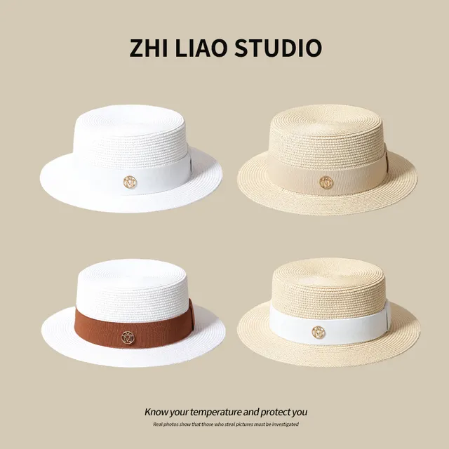 度假海边草帽M标平顶礼帽女春夏百搭时尚遮阳防晒帽草编太阳帽子