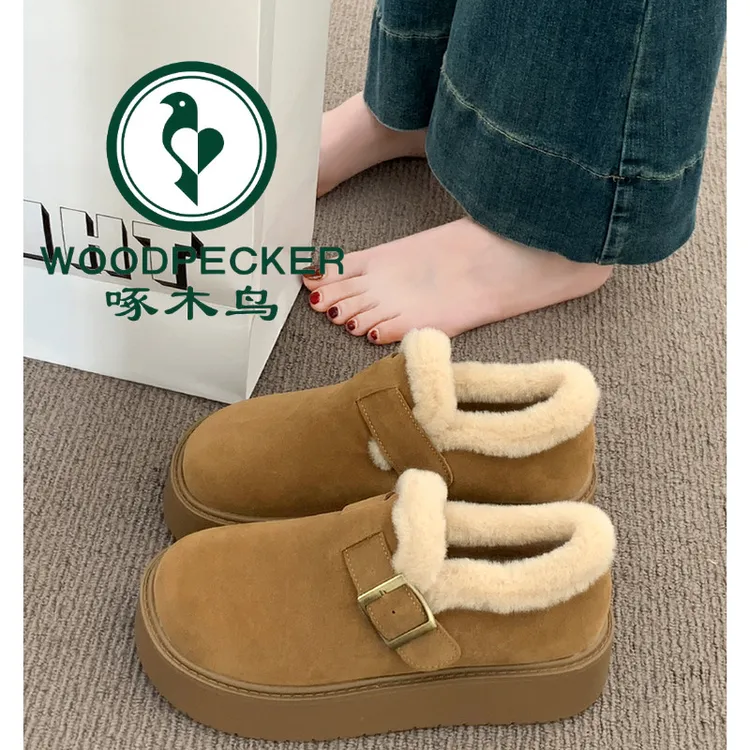 啄木鸟厚底加绒豆豆勃肯鞋女2025新款秋冬季外穿毛毛鞋棉鞋雪地靴