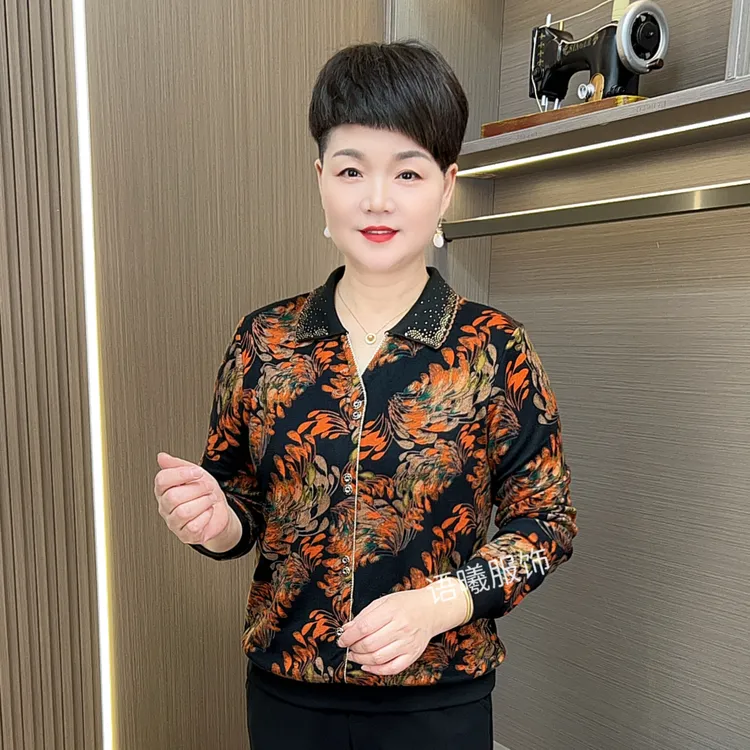 秋季长袖打底中老年女装气质翻领烫钻时尚洋气百搭显瘦上衣F8128