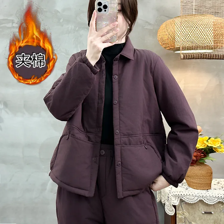 夹棉加厚衬衫女2025冬季新款文艺简约休闲宽松方领纯棉衬衫棉服女