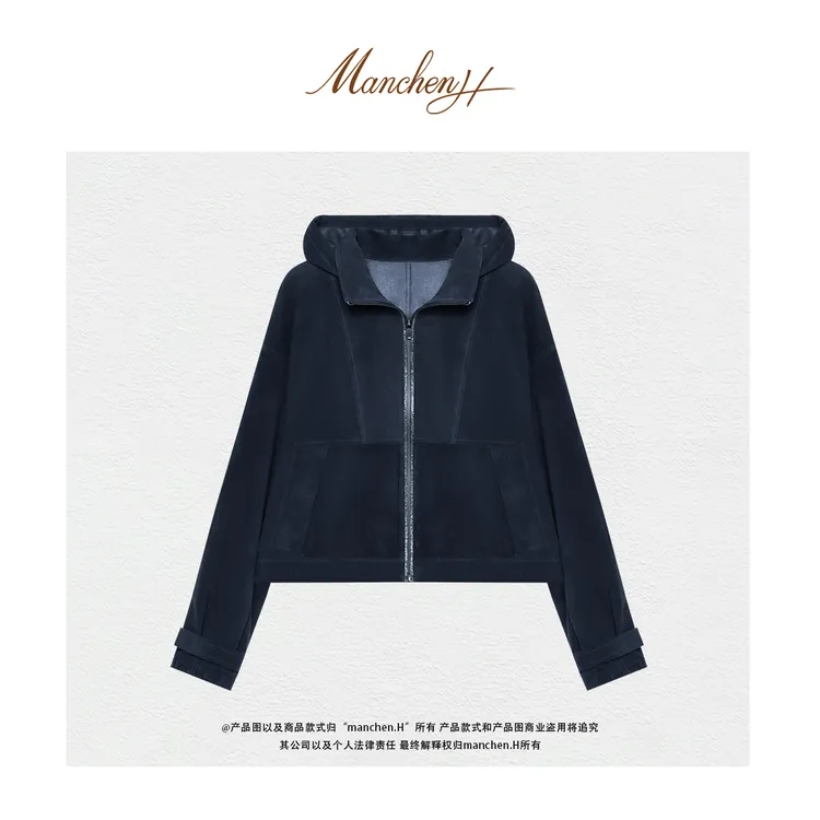 Manchenh"暮影星蓝"BC御用苏丹进口混种绒面小羊皮手工连帽外套