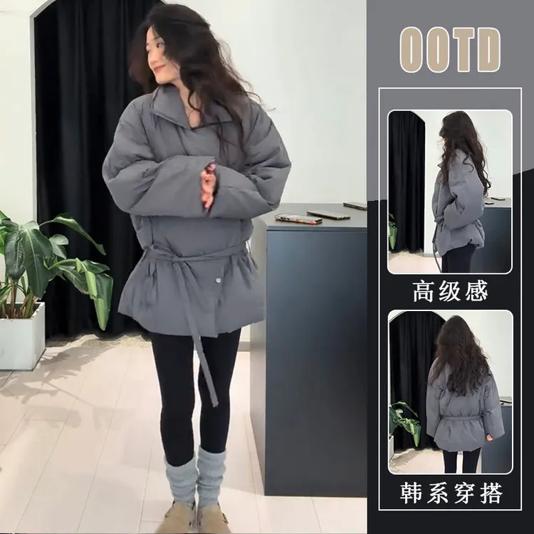 简约风立领棉服外套女2025冬季新款保暖中长款宽松系带收腰棉袄潮