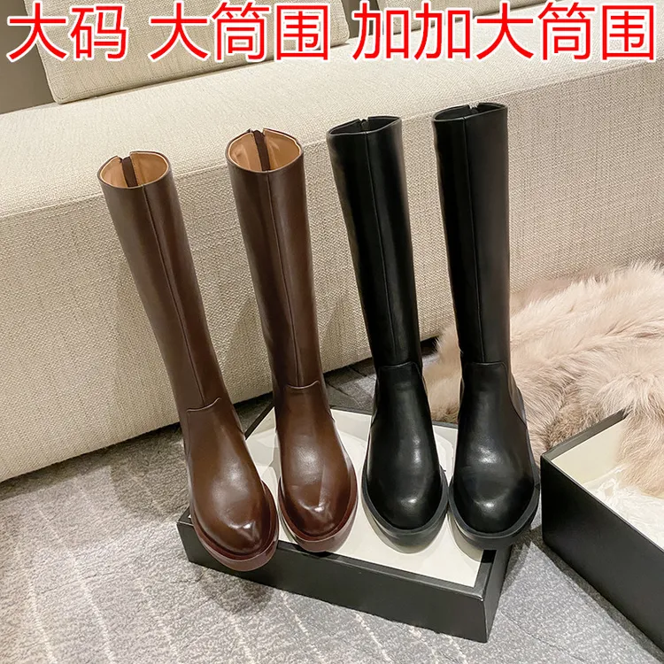 超大腿围靴子真皮骑士靴加宽40cm大筒围女靴胖mm粗腿长筒靴43全皮