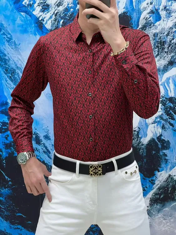 男士秋季(蚕丝羊毛)抗皱免烫弹力印花休闲时尚百搭潮流长袖衬衫