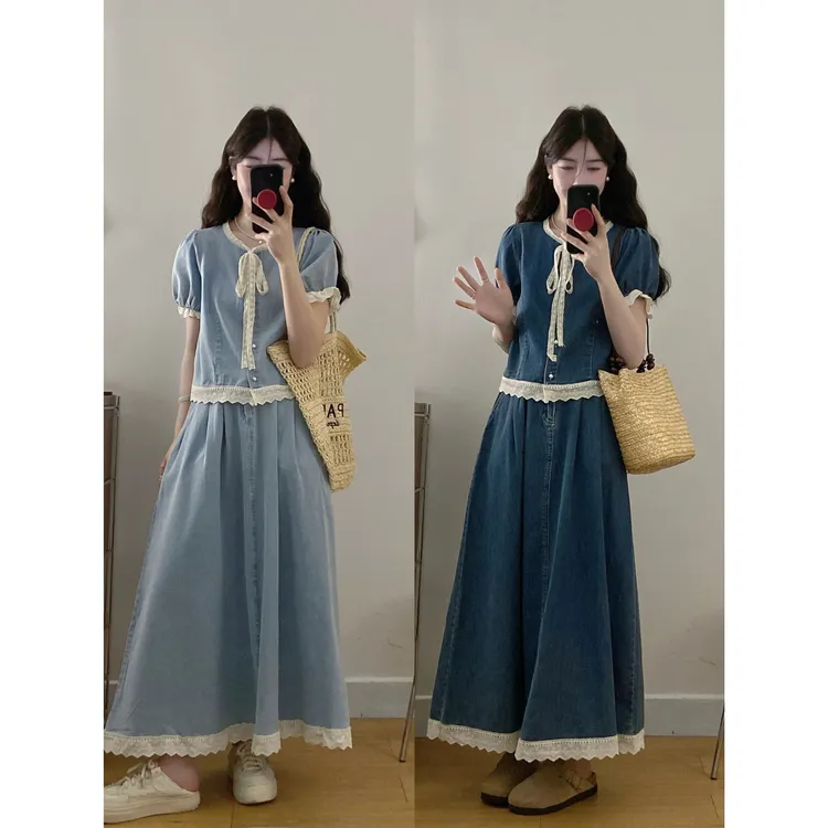 夏季新款韩版时尚气质显瘦百搭蕾丝拼接牛仔上衣半身裙两件套
