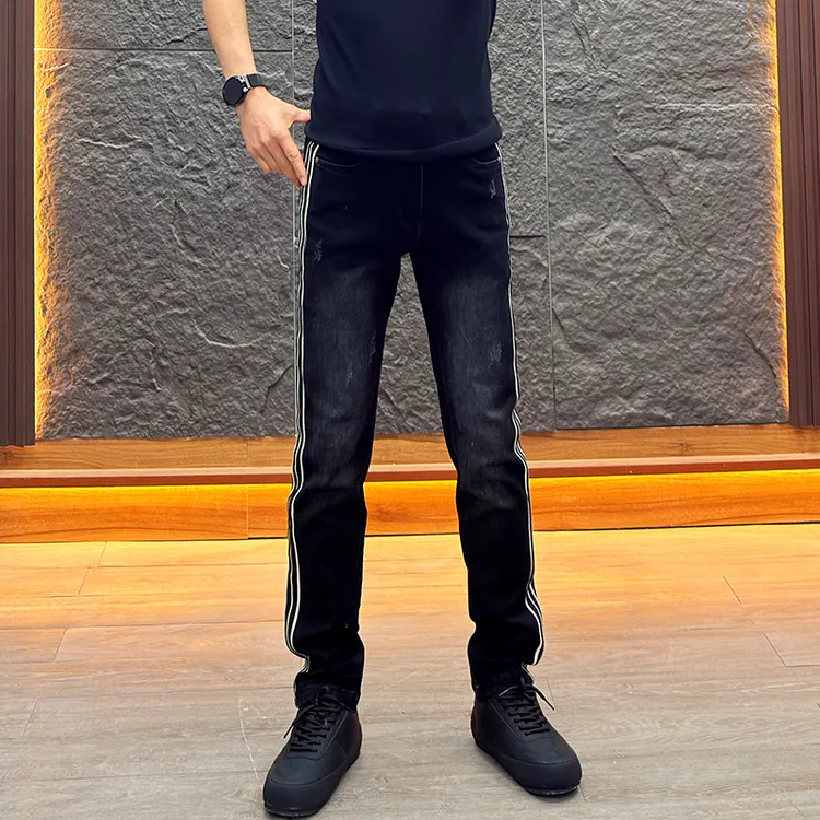 男裤子时尚侧条纹商务牛仔裤男秋冬潮流修身直筒裤轻奢欧货牛仔裤
