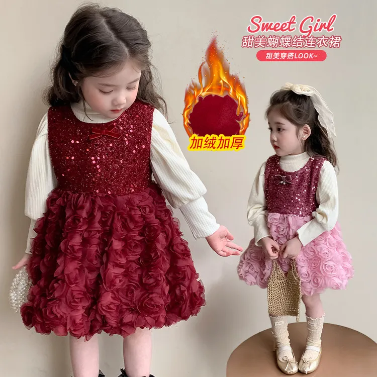 女童连衣裙套装秋冬女宝宝加绒立体玫瑰花公主裙两件套女孩拜年服