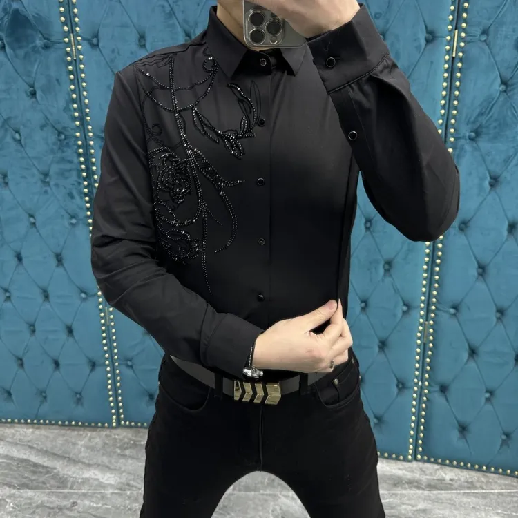 【现货】2083秋冬新品时尚衬衫轻奢欧货烫钻长袖翻领小衫弹力打底
