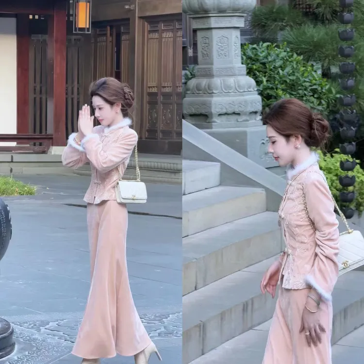 【婷婷】《前程似锦》 浅橘粉 水貂 丝绒国风套装TT2SQTH2577