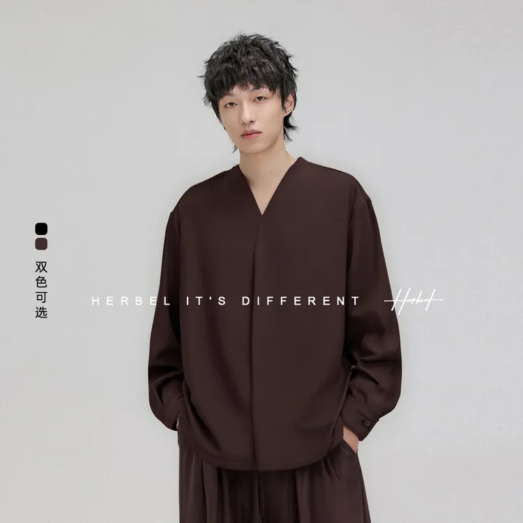 HERBEL/黑白2025秋季新品设计款复古宽松天丝羊毛流光风男士衬衫