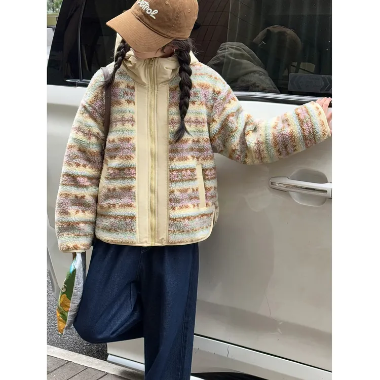 【高品质】中大童女童新款2025花纹时尚爆款摇粒外套2025新款