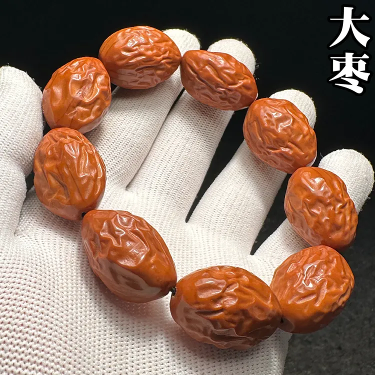 纯手工大枣橄榄核手串男士款大籽精雕枣珠红枣素核雕刻精品素珠串