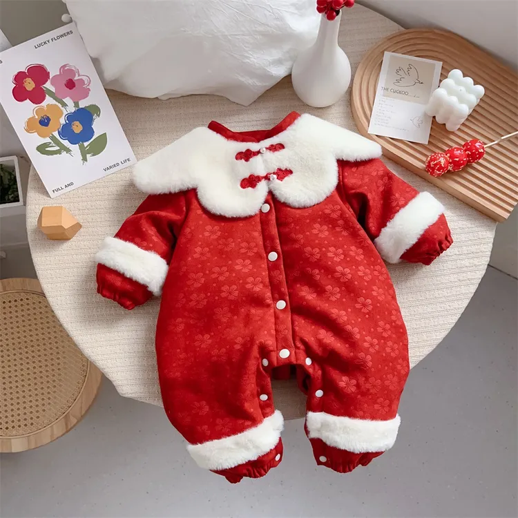 2025新款宝宝拜年服秋冬加绒婴儿连体衣新中式加厚爬爬服周岁宝宝