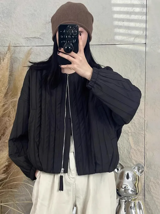 韩版圆领长袖棉服外套女宽松百搭薄款棉衣2025秋季新款夹克上衣潮