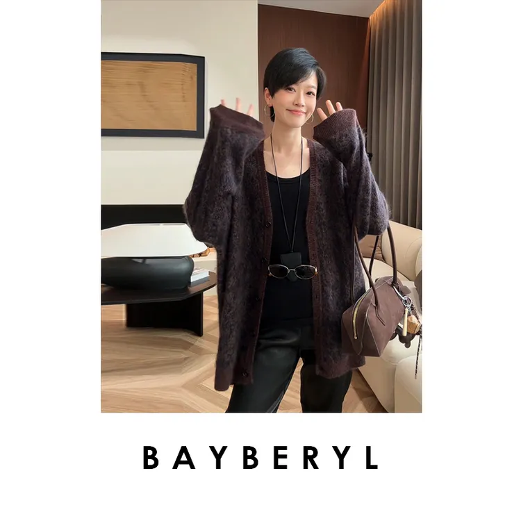BAYBERYL老贝木槿*花纱复古柔软V领羊绒秋针织开衫ZZS5I0506-9/7