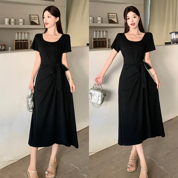 大码设计感正肩短袖连衣裙夏季微胖mm显瘦收腰绑带法式赫本风裙子
