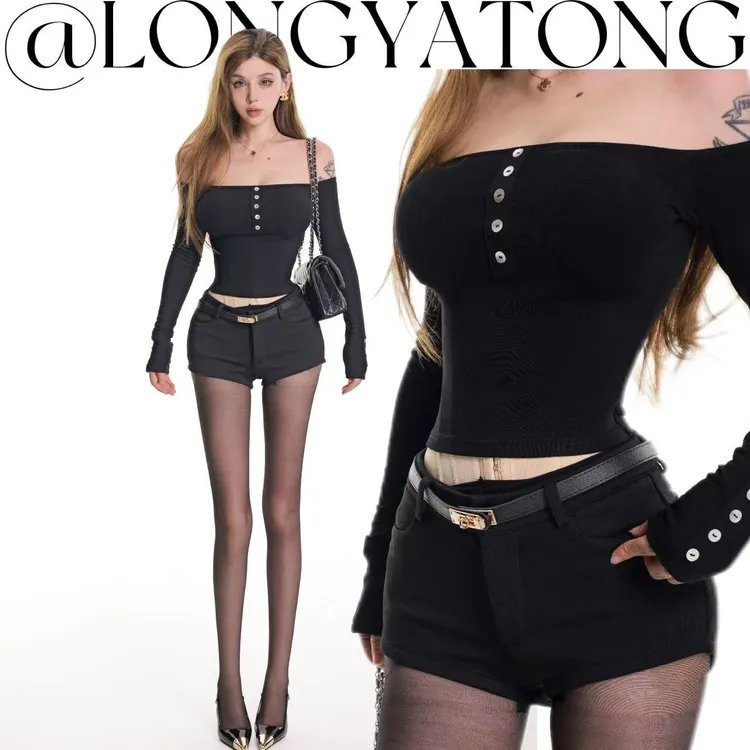 龙牙童推荐【美式一字肩】辣妹女款休闲t恤性感打底欧美露肩长袖