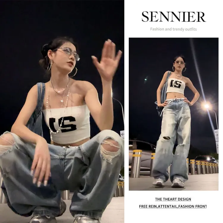 夏季穿搭2025新款韩版百搭辣妹修身抹胸上衣显瘦阔腿牛仔裤两件套