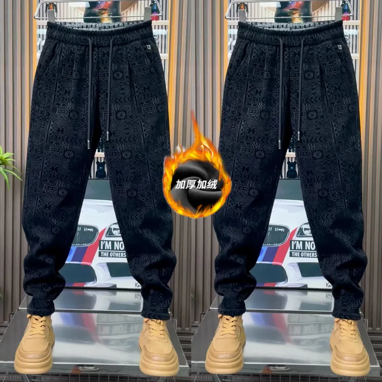 高档植绒2025冬季新款欧货小脚裤男士加绒加厚弹力防风舒适休闲裤