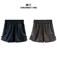 Jokara/丘可儿【逐风客】百搭高腰阔腿显瘦PU皮新中式短裤女宽松