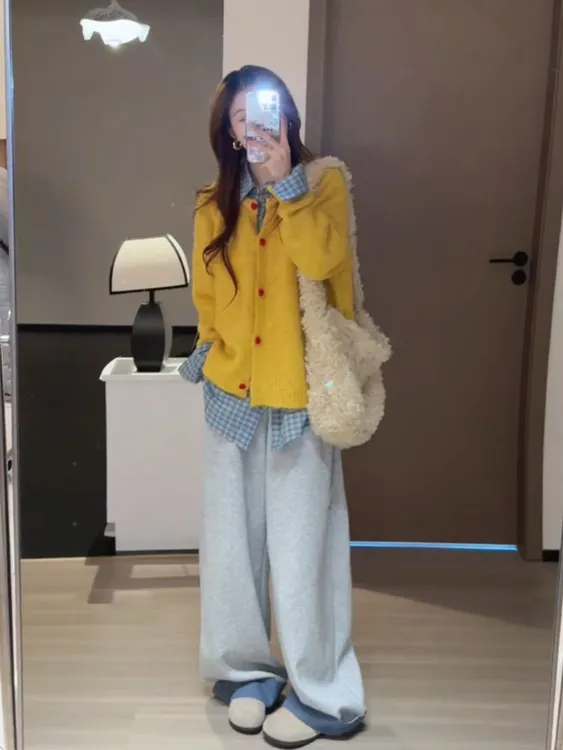 韩系慵懒风蓝格衬衫叠穿爱心扣开衫毛衣女2025秋季新款休闲两件套