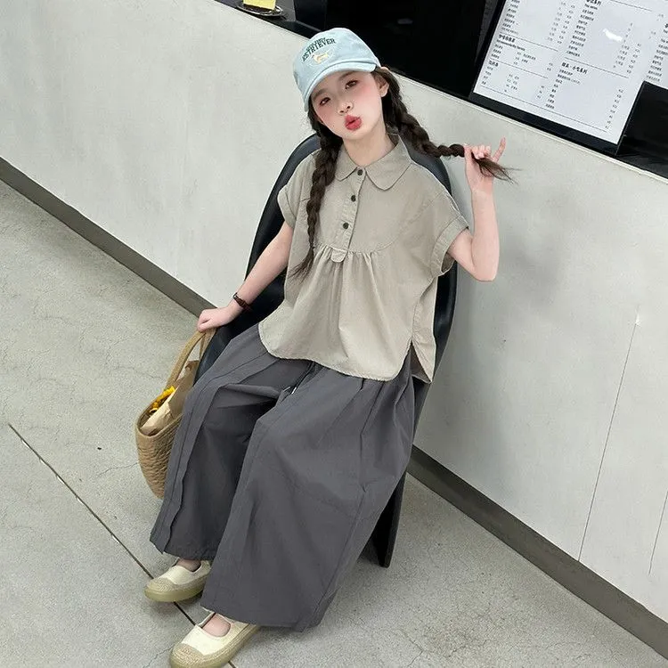 女童夏装时尚套装2025新款6-12岁15岁中大儿童洋气韩系衬衫阔腿裤