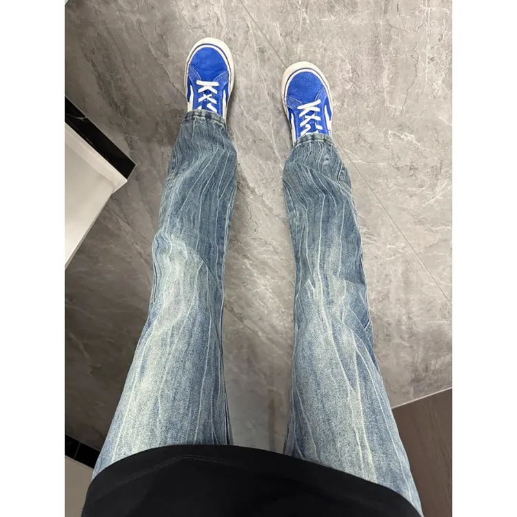 闪电纹cleanfit牛仔裤男秋季潮牌美式重工水洗休闲裤子修身微喇裤