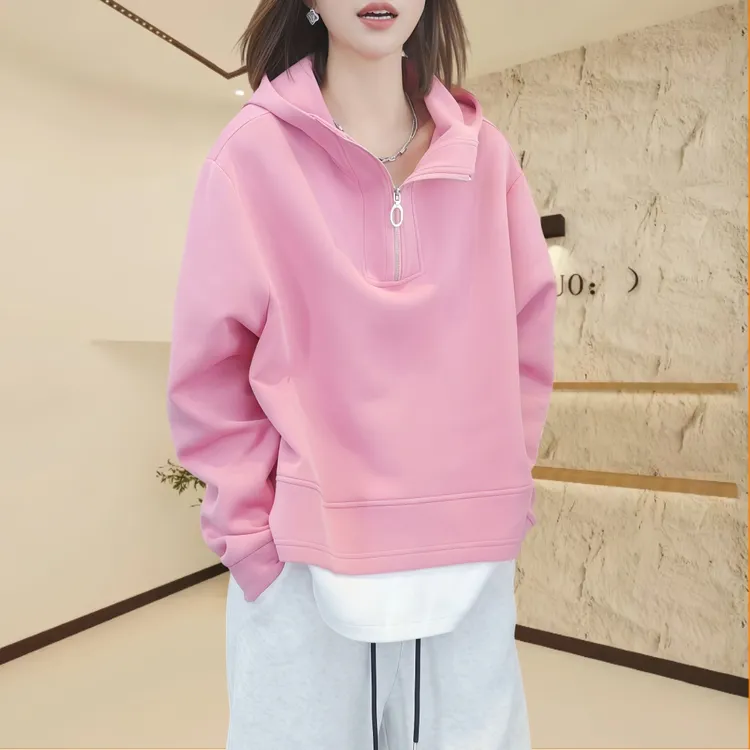 2秋季连帽假两件长袖卫衣外套女2025新款宽松显瘦休闲打底衫上衣