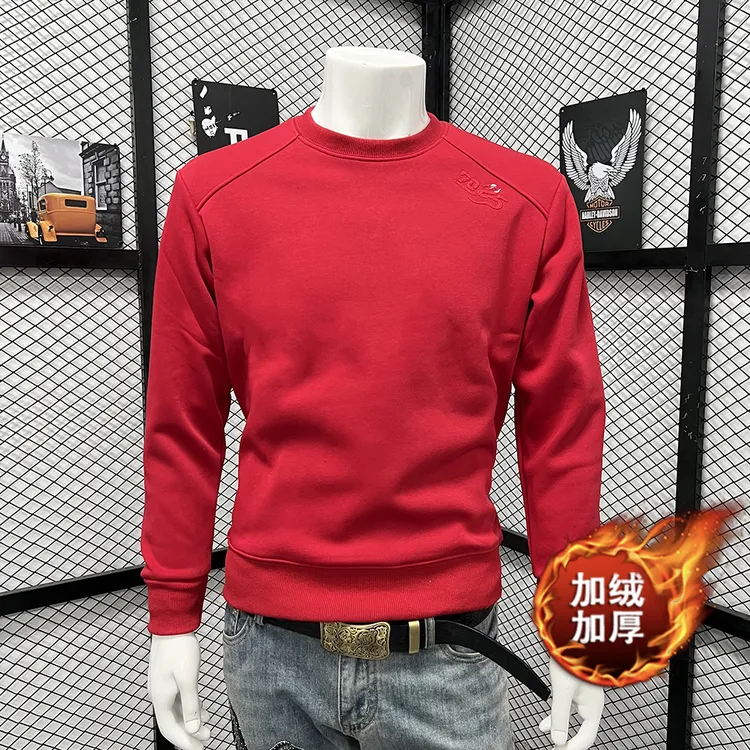 休闲韩版卫衣圆领套头长袖秋冬时尚男士刺绣加绒上衣蛇年红色衣服
