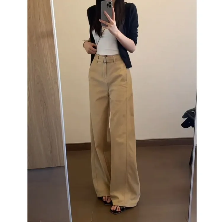 175高个子加长卡其色阔腿高腰牛仔裤女2025春夏显瘦弯刀休闲拖地