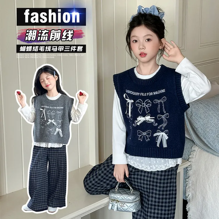2025中大童春秋蝴蝶结套头女常规款字母套装中大童毛线秋冬童装