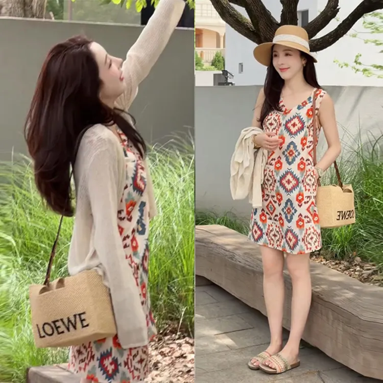 遮肉透气防晒小开衫漂亮碎花背心连衣裙无袖裙子女夏新款时尚套装