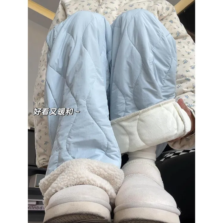 雪千羽加绒棉裤女保暖外穿秋冬2025新款小个子摇粒绒蓝色阔腿裤女