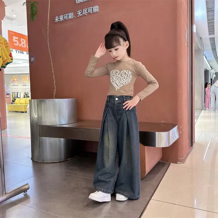 裤子新款直筒牛仔裤儿童中大童春季女童牛仔阔腿裤女童阔腿裤百搭