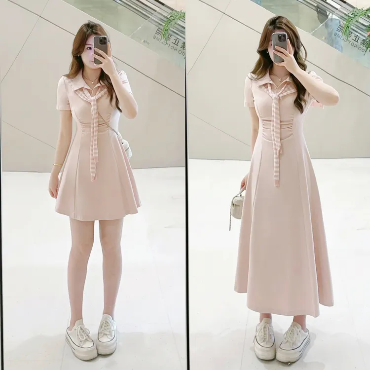 面面-韩系气质学院风Polo领捏褶收腰连衣裙WP9782