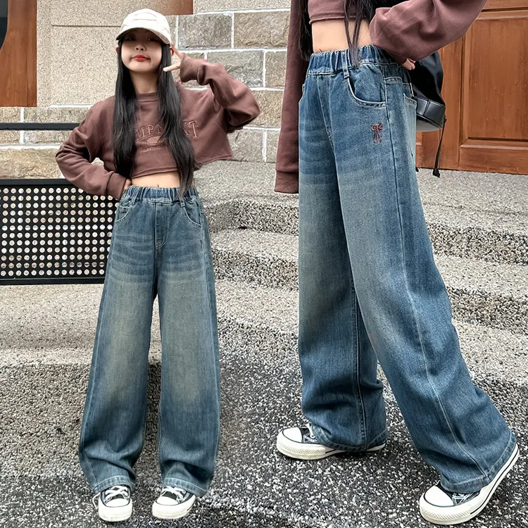 女童2025春装新款裤子时髦儿童中大童直筒韩版宽松长裤牛仔阔腿裤