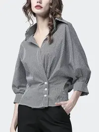 2063成人女装小众七分袖早秋纯棉女式格纹衬衫衬衫长袖衬衣时尚