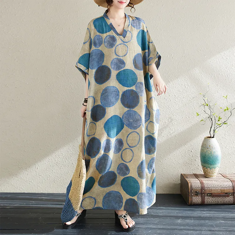 2025夏季新款花色度假风旅游V领复古长裙遮肉棉麻大码女装连衣裙