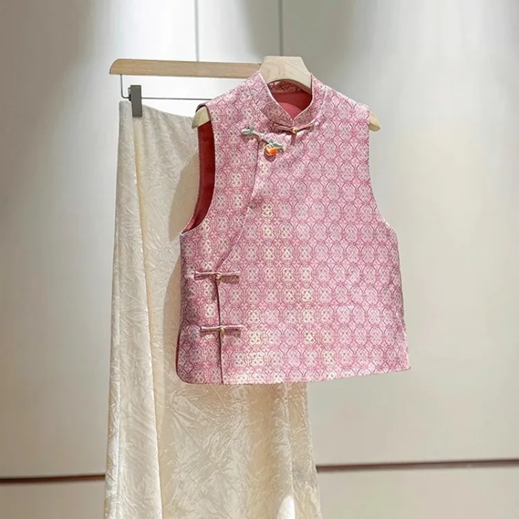 中国风中式马甲背心春季女立领斜襟宋锦坎肩马夹盘扣唐装上衣外套