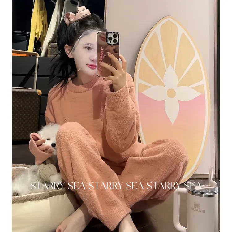 PP 云朵半边绒加厚加绒冬季软绵绵套头纯色家居服#PP0203TZ