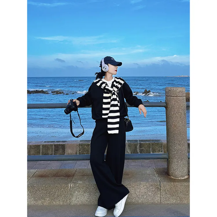 WRXS  黑色披肩长袖卫衣女套装2025早秋新款慵懒风休闲长裤三件套