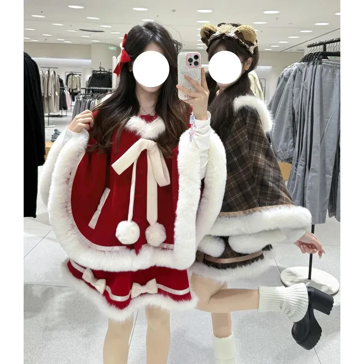 毛毛雪 冬季可爱甜美毛边连帽斗篷+少女蓬蓬短裙洋装两件套新款
