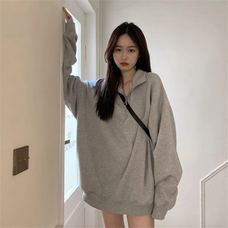 灰色卫衣女秋冬季2024新款慵懒风polo宽松中长款上衣服ins潮外套