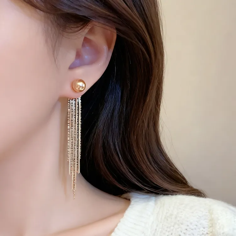 铜合金合金仿珍珠耳饰  「香槟晚会」金色流苏耳环高级感气质耳饰