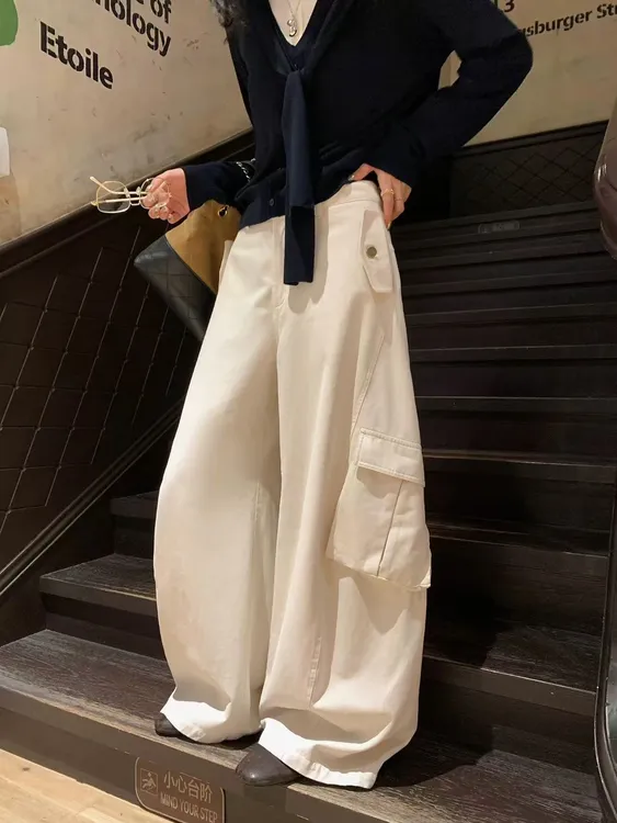 美式复古工装裤女纯色秋季休闲裤直筒阔腿拖地长裤宽松裤子