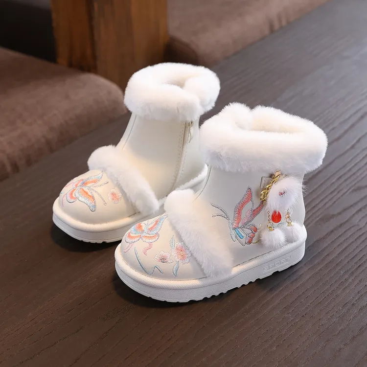 冬新款女童加绒汉服鞋加厚防水皮靴儿童棉鞋中国风宝宝雪地靴短靴