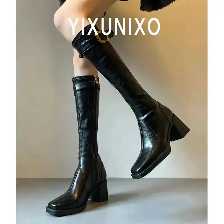 羊皮版~软皮金属扣厚底不过膝长靴粗跟长筒靴女高筒瘦瘦靴骑士靴