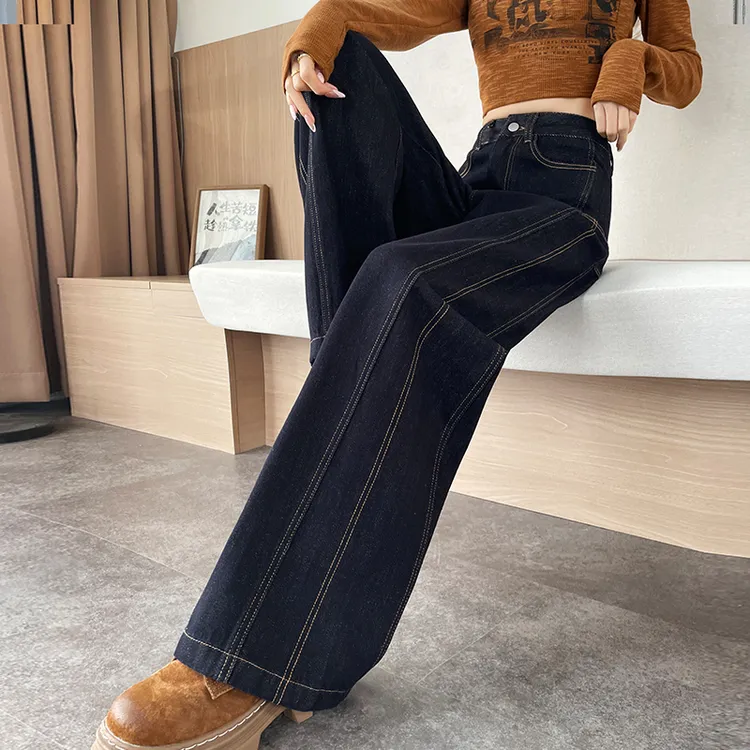 蜜蜜穿搭加绒加厚复古丹宁风撞色明线牛仔裤女2025冬季遮胯阔腿裤