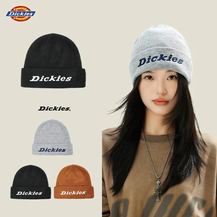 Dickies春秋季帽子情侣款大头围针织毛线帽冬季黑色刺绣LOGO冷帽