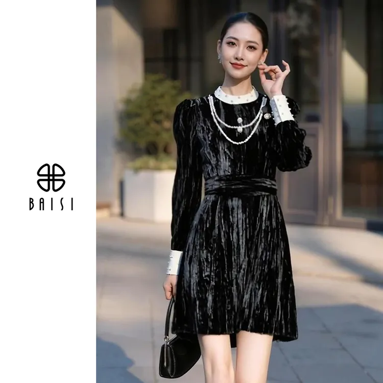 BAISI/百丝法式优雅丝绒裙桔梗高端精致感收腰显瘦大气秋冬女装